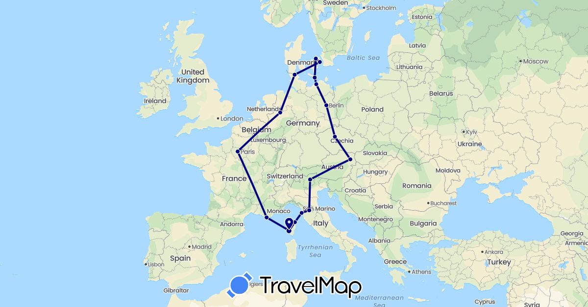 TravelMap itinerary: driving in Austria, Czech Republic, Germany, Denmark, France, Italy (Europe)